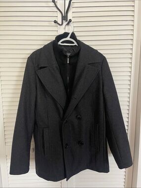 Kenneth Cole Reaction Black Double-Breasted Peacoat with Zip-Front Mock Layer